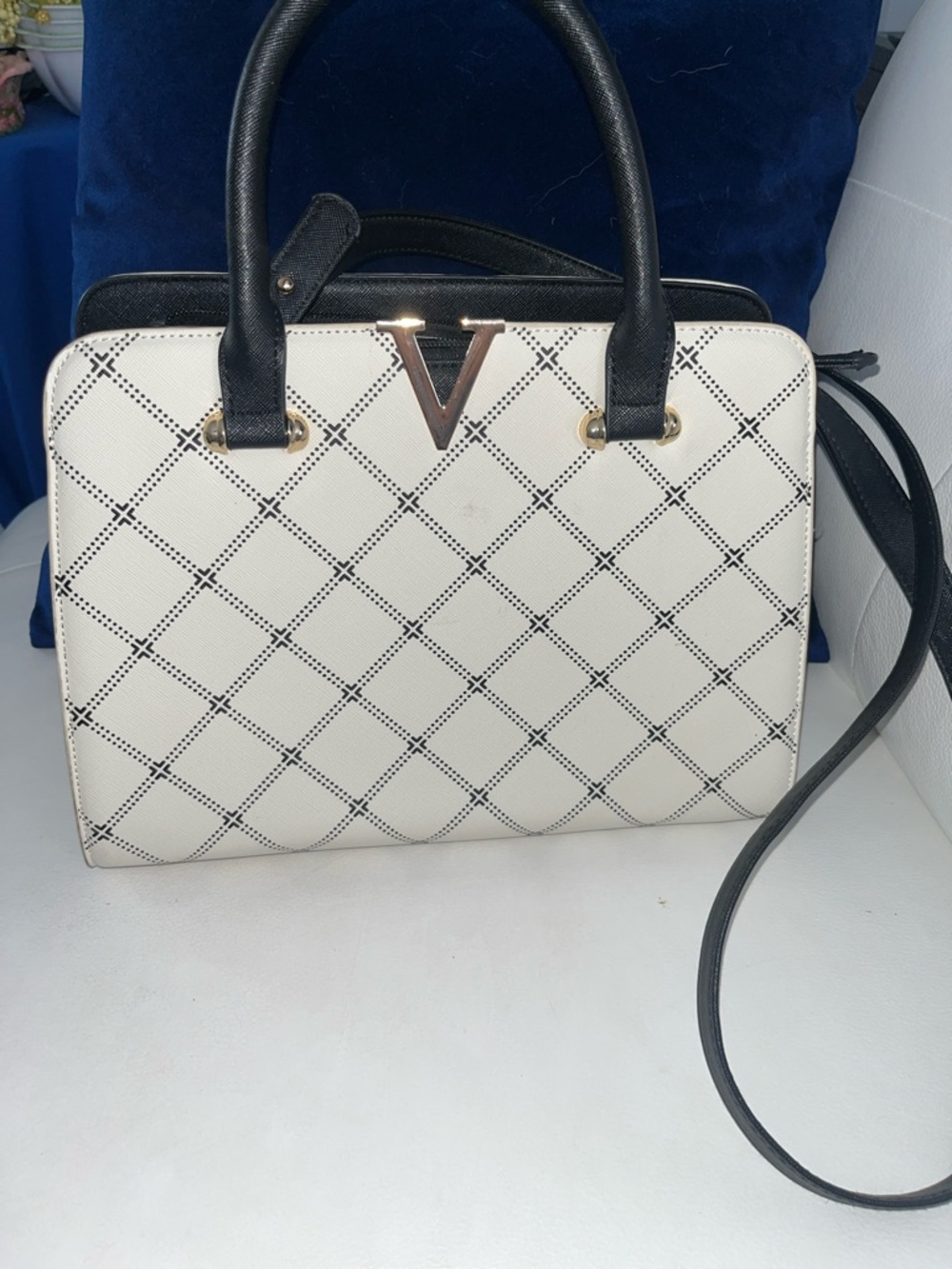 White and Black Quilted Satchel with Gold V Accent